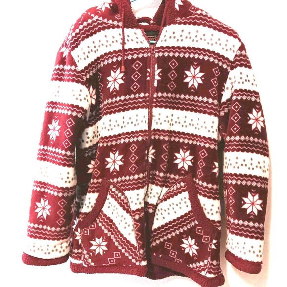 Trail Crest Tops - Trail Crest Fleece Hoodie M Nordic Snowflake Fair Isle Red White Sherpa Lined...